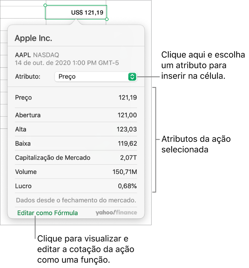 A caixa de diálogo para digitar informações de atributos de ações, com a ação da Apple selecionada.