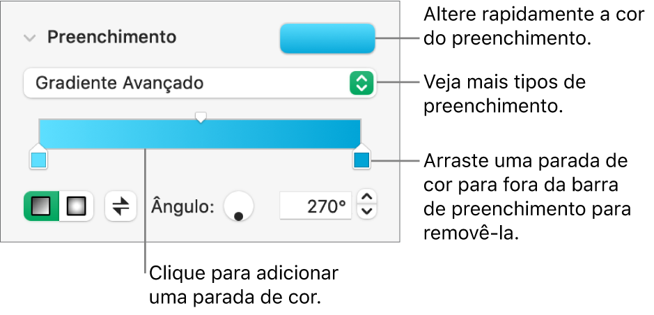 Controles para preenchimento de objetos com cores.