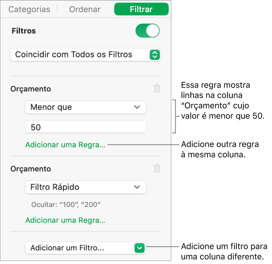 Controles para criação de regras de filtragem.