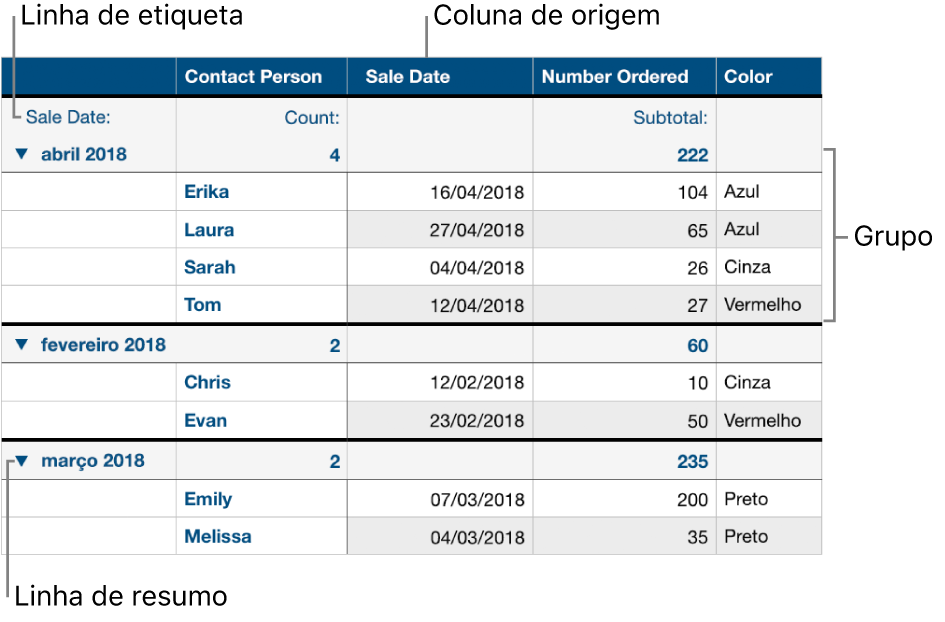 Uma tabela categorizada mostrando os grupos de coluna de origem, linha de resumo e etiqueta.