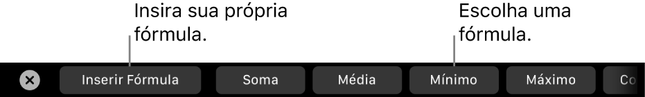 Touch Bar do MacBook Pro, com controles para inserir sua própria fórmula e escolher uma fórmula comumente usada.