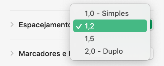 Menu pop-up Espacejamento com as opções Simples, Duplo e outras.