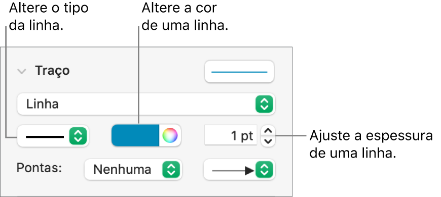 Controles de traço para definir pontas, espessura de linha e cor.