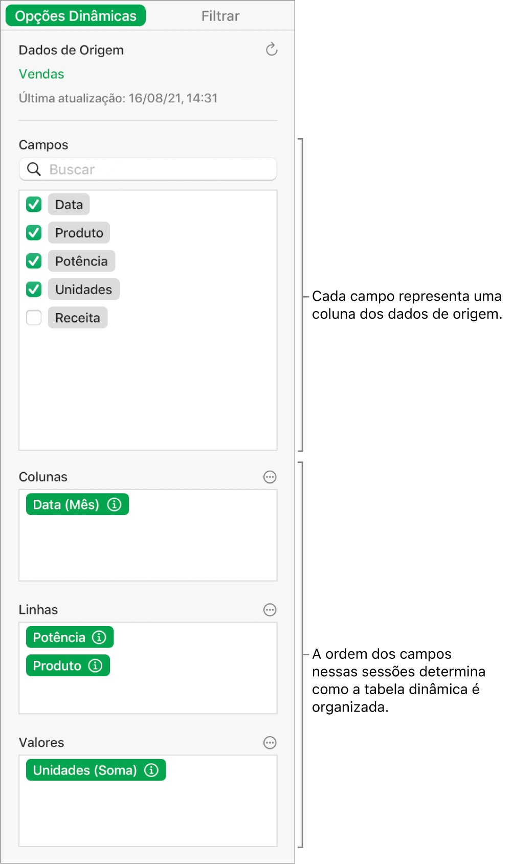 Menu Opções Dinâmicas mostrando campos das seções Colunas, Linhas e Valores, bem como controles para editar os campos e atualizar a tabela dinâmica.