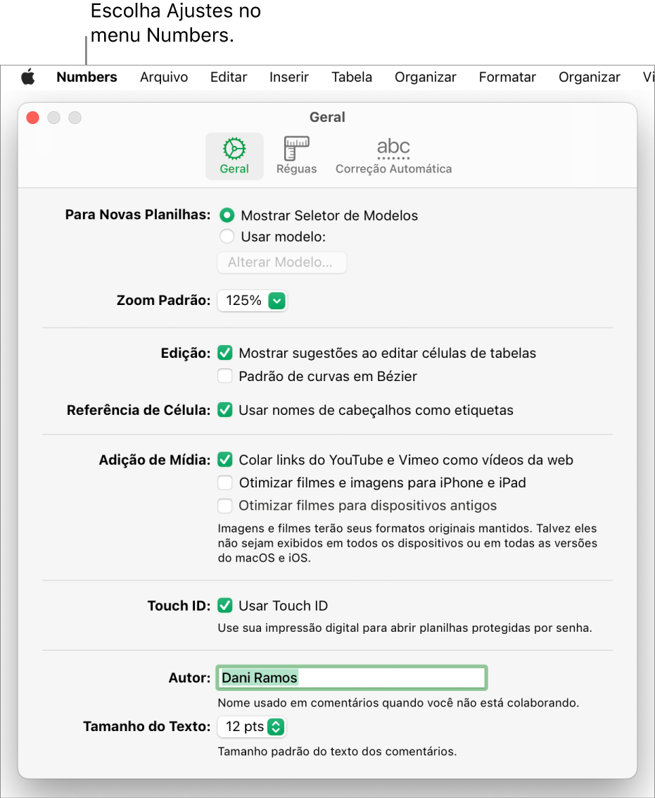 Janela de ajustes do Numbers aberta no painel Geral, com ajustes para novas planilhas, zoom padrão, edição, referências de célula, equações, adição de mídia, Touch ID, nome do autor e tamanho de texto padrão.