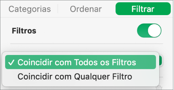 Menu pop-up para escolher entre exibir linhas que correspondem a todos ou qualquer filtro.