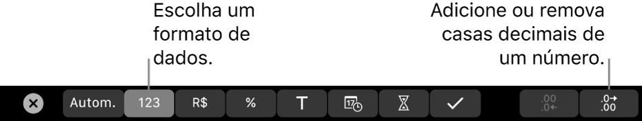 Touch Bar do MacBook Pro, com controles para escolher um formato de dados e adicionar ou remover casas decimais de um número.