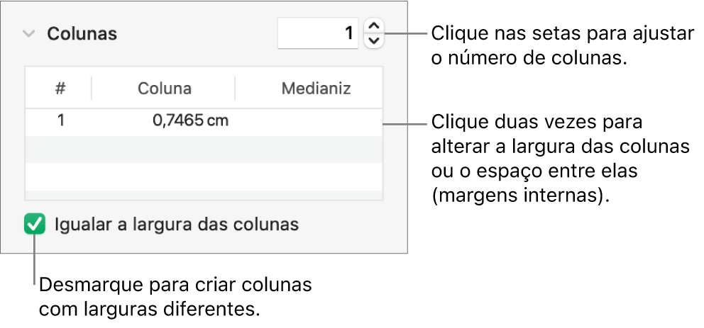 Os controles na seção colunas para alterar o número de colunas e a largura de cada coluna.