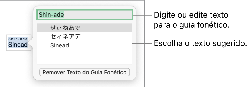 O guia fonético de uma palavra, com chamadas para o campo de texto e sugestão de texto.