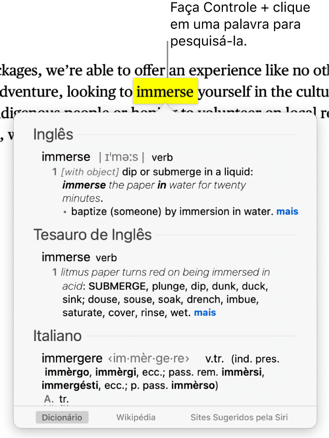 Texto com uma palavra destacada e uma janela mostrando sua definição e um resultado do tesauro. Três botões na parte inferior da janela fornecem links para o dicionário, a Wikipédia e os sites sugeridos pela Siri.