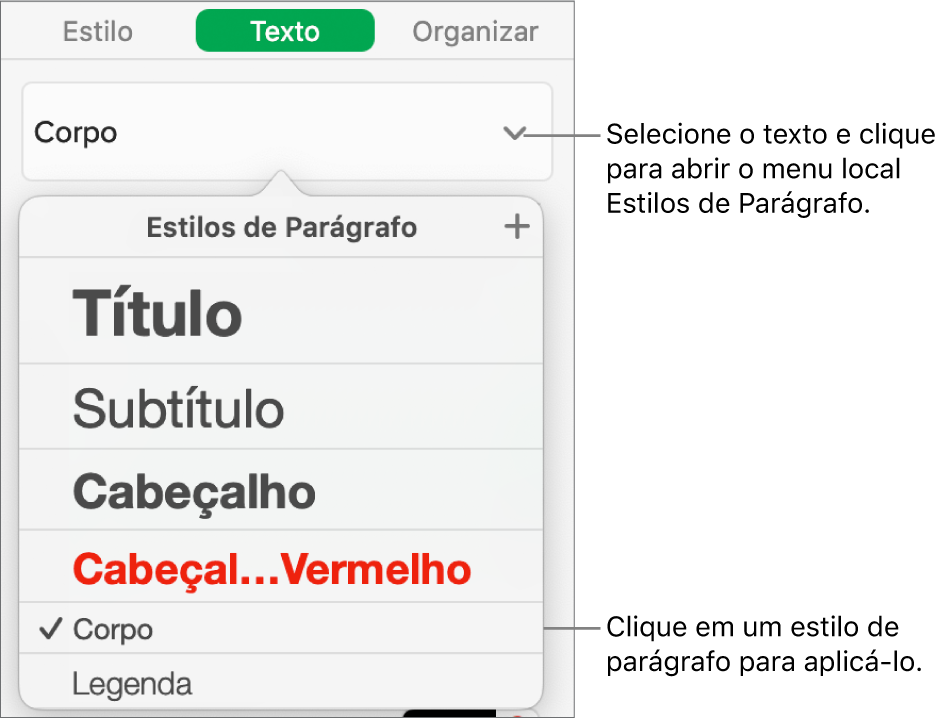 Menu Estilos de Parágrafo com uma marca ao lado do estilo selecionado.