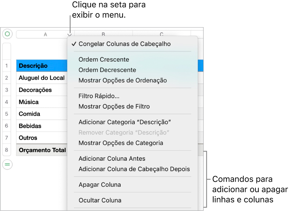 Menu da coluna de uma tabela com comandos para adicionar ou apagar linhas e colunas.