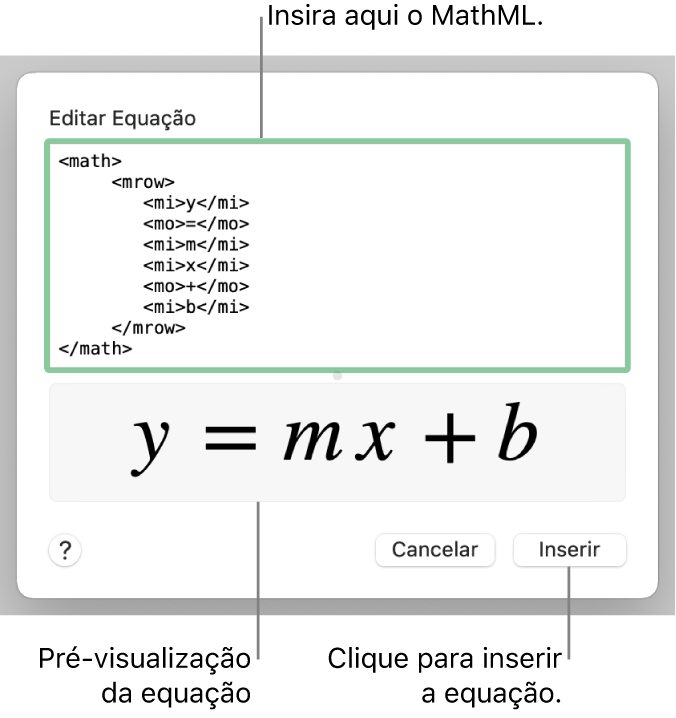 A equação da inclinação de uma linha no campo Editar Equação e uma pré-visualização da fórmula abaixo.