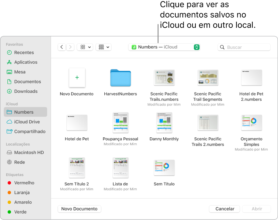 Caixa de diálogo Abrir com a barra lateral aberta à esquerda e iCloud Drive selecionado no menu pop-up na parte superior. As pastas do Keynote, Numbers e Pages são mostradas na caixa de diálogo, além do botão Novo Documento.