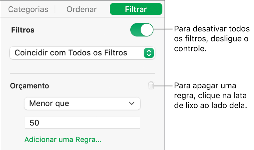 Controles para apagar um filtro ou desativar todos os filtros.