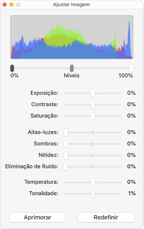 Janela Ajustar Imagem com controles deslizantes para ajuste de exposição, contraste, saturação, altas-luzes, sombras, nitidez, redução de ruído, temperatura e tonalidade.