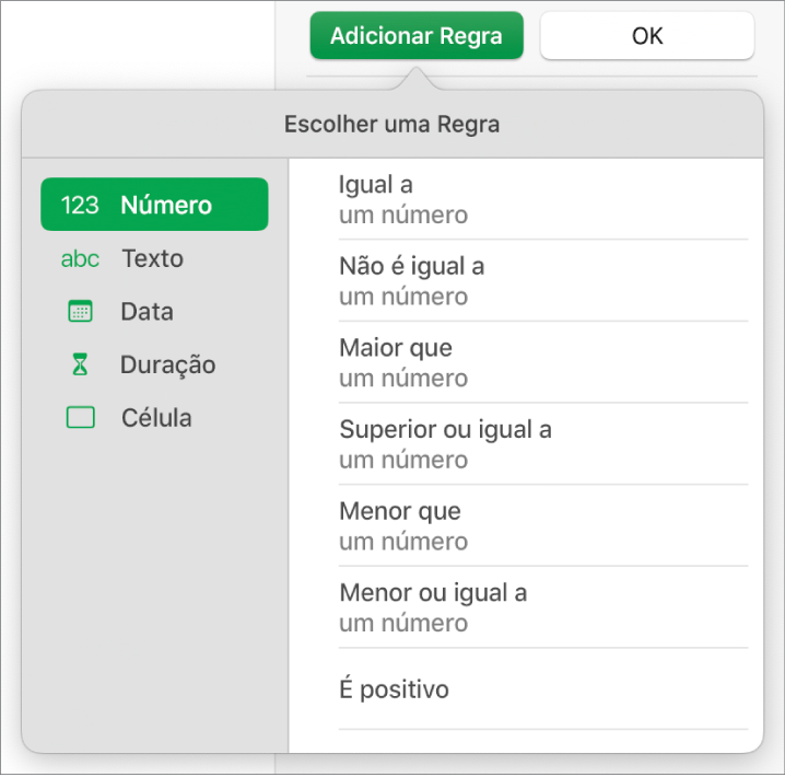 Tipos de regras de destaque de células.