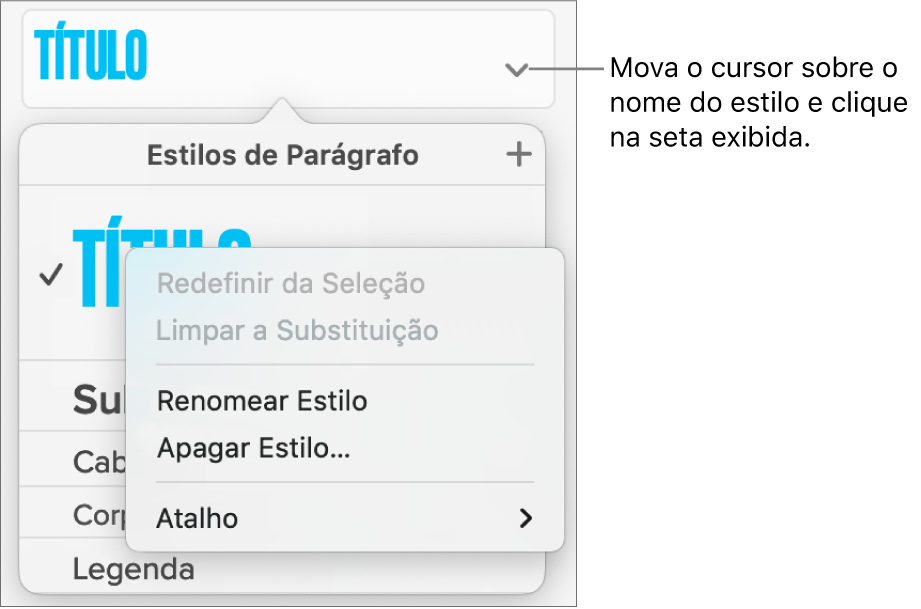 Menu Estilos de Parágrafo com o menu de atalhos aberto.