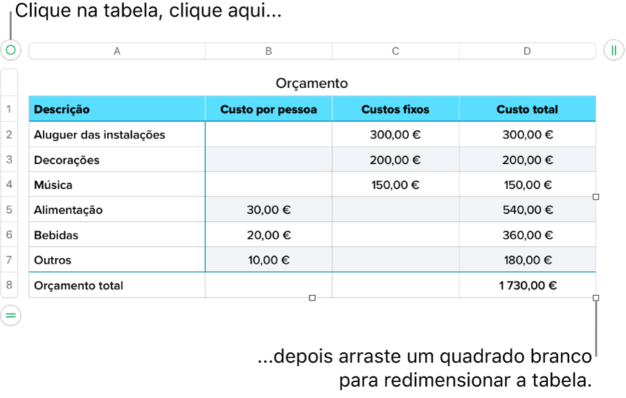 Uma tabela selecionada, com os quadrados brancos para redimensionamento.