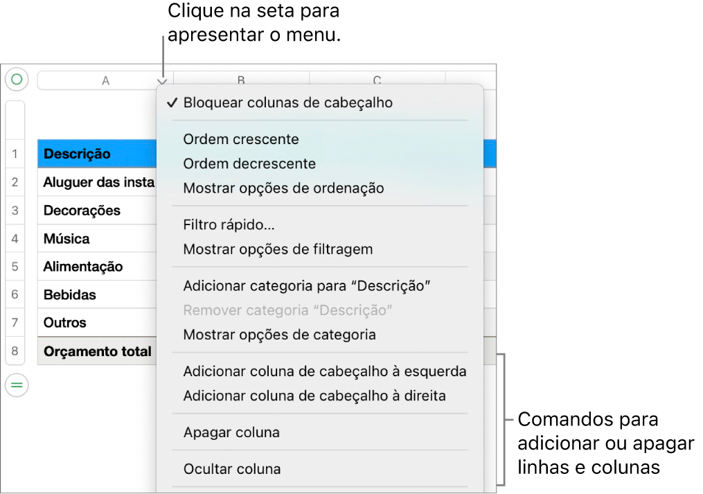 O menu de coluna de tabela com comandos para adicionar ou apagar linhas e colunas.