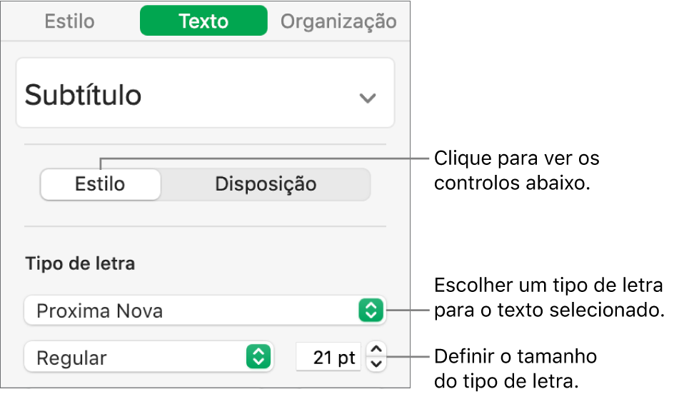 Controlos de texto na secção "Estilo” da barra lateral "Formatação” para definir tipo de letra e tamanho do tipo de letra.