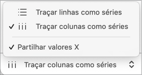 O menu pop-up para escolher traçar linhas ou colunas como série.