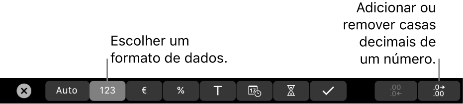 A Touch Bar do MacBook Pro com controlos para escolher o formato dos dados e adicionar ou remover casas decimais de um número.