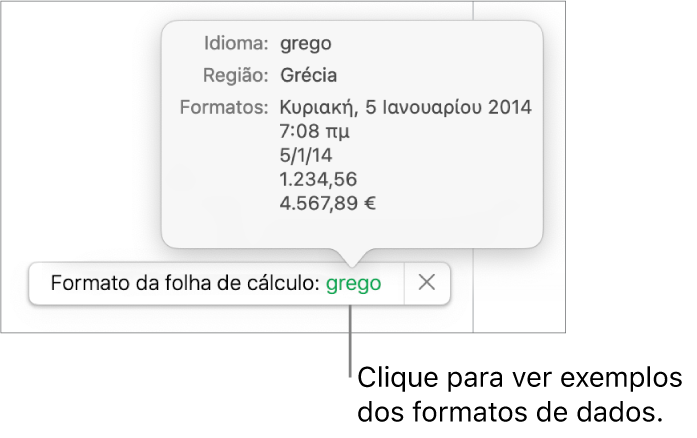 A notificação da definição diferente do idioma e região, apresentando exemplos da formatação nesse idioma e região.