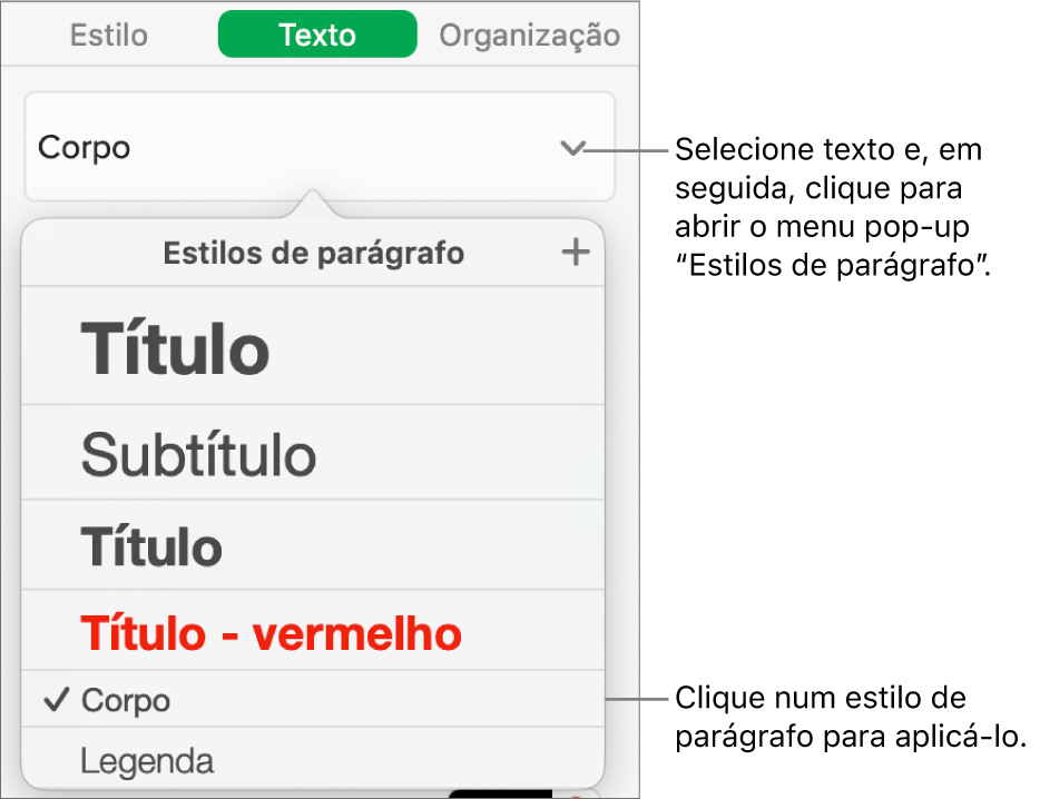 O menu “Estilos de formatação”.