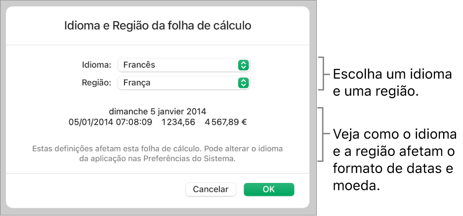 O painel “Idioma e região” com controlos de idioma e região e um exemplo da formatação, incluindo data, hora, decimal e moeda.