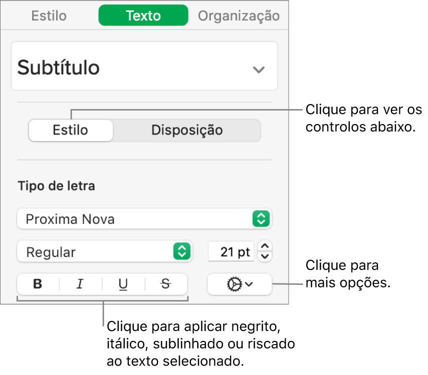Os controlos “Estilos” na barra lateral “Formatação” com chamadas para os botões "Negrito”, “Itálico”, “Sublinhado” e “Riscado”.