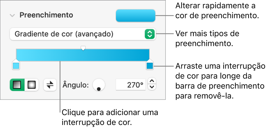 Controlos para preencher objetos com cores.