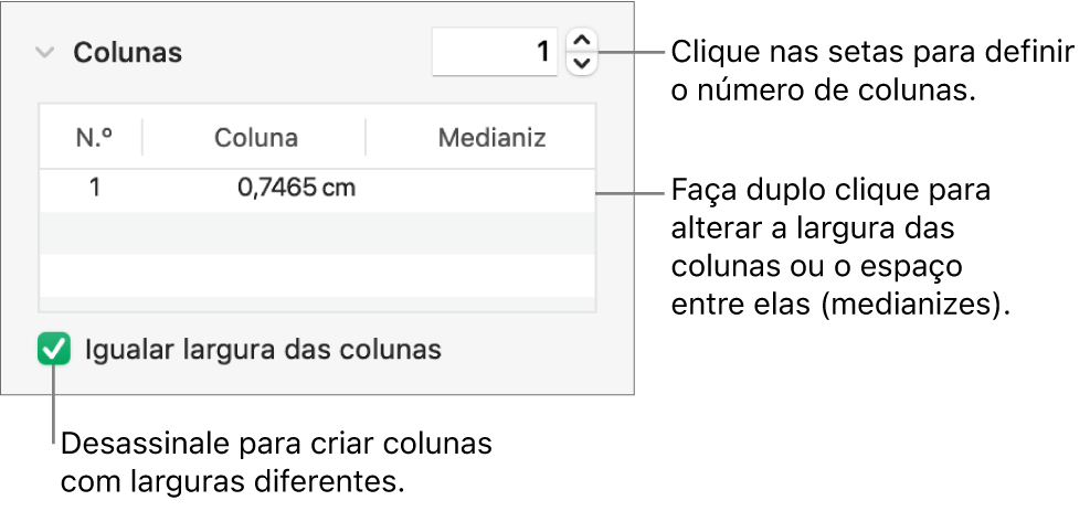 Os controlos na secção colunas para alterar o número de colunas e a largura de cada coluna.