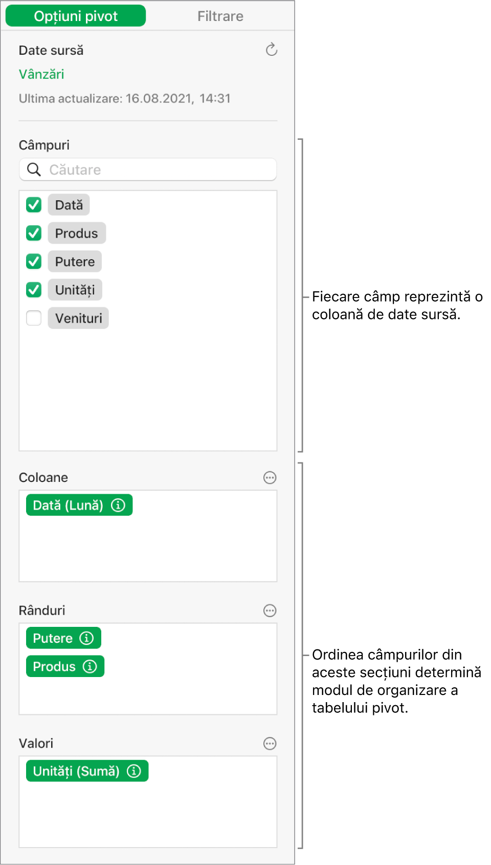 Meniul Opțiuni pivot afișând câmpurile din secțiunile Coloane, Rânduri și Valori și comenzile pentru editarea câmpurilor și reîmprospătarea tabelului pivot.