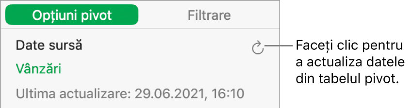 Fila Opțiuni pivot afișând opțiunea de reîmprospătare a tabelului pivot.