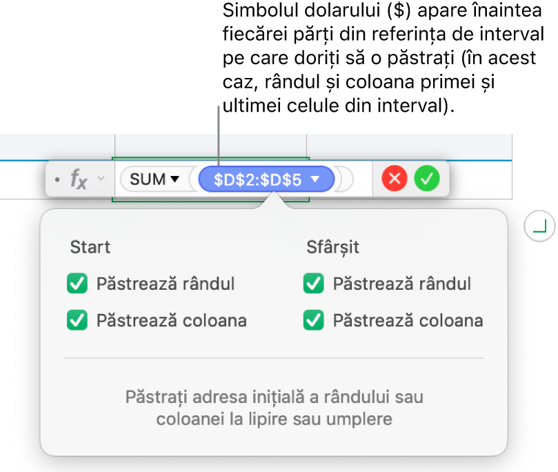 Formulă care afișează referințele păstrate la rând și coloană.