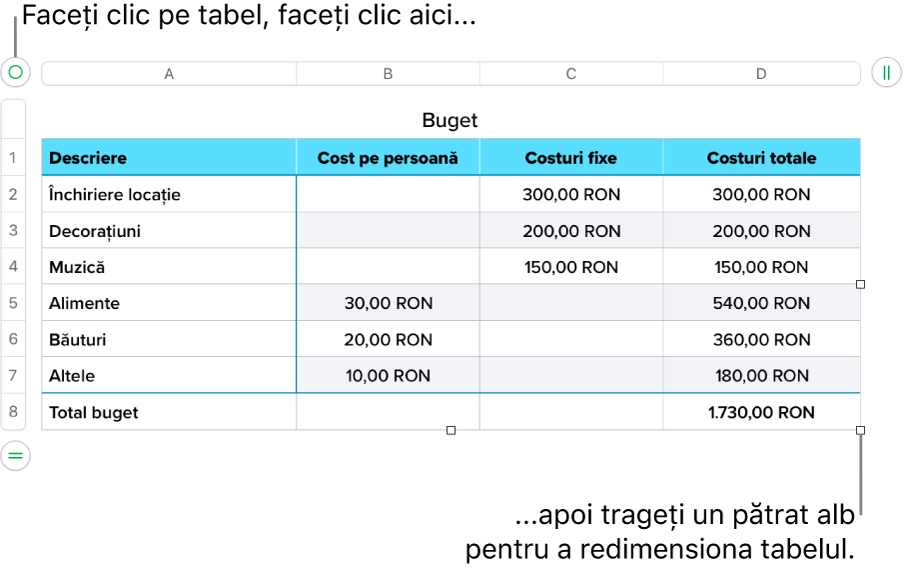 Un tabel selectat, cu pătrate albe pentru redimensionare.