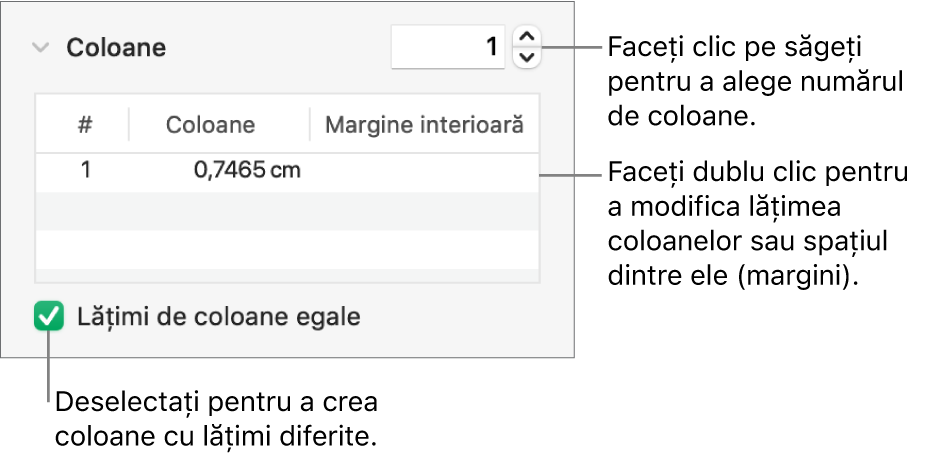 Comenzile din secțiunea de coloane pentru modificarea numărului de coloane și a lățimii fiecărei coloane.