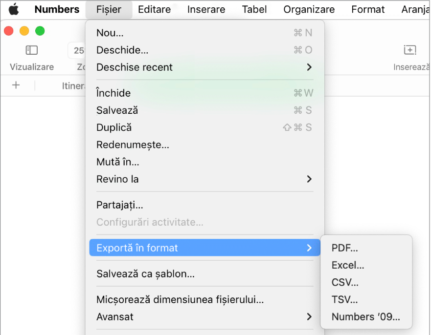 Meniul Fișier deschis cu Exportă în selectat, cu submeniul afișând opțiuni de export pentru PDF, Excel, CSV și Numbers ’09.