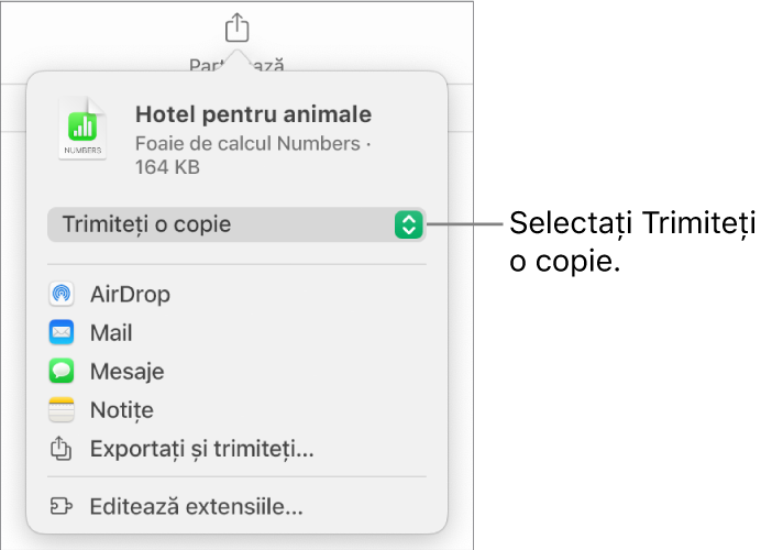 Meniul Partajează, cu opțiunea Trimite o copie selectată în partea de sus.