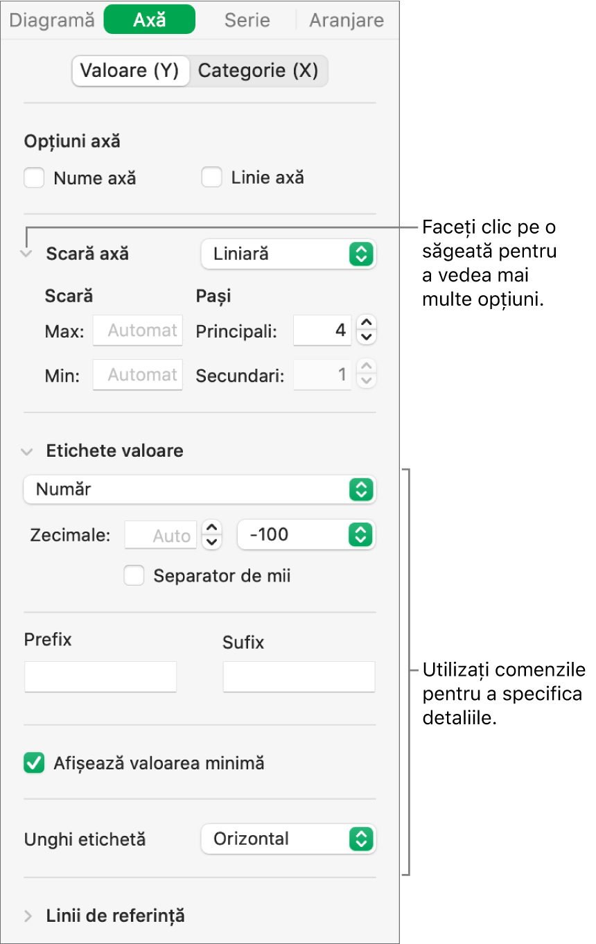 Comenzi pentru formatarea marcajelor de axă ale diagramei.