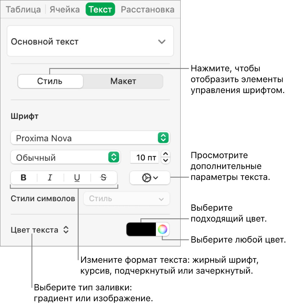 Элементы управления стилем текста в таблице.