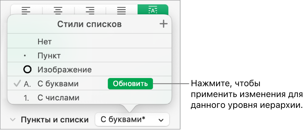 Всплывающее меню «Стили списков». Рядом с именем нового стиля отображается кнопка «Обновить».