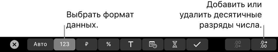 Панель Touch Bar на MacBook Pro. Показаны элементы управления для выбора формата данных, а также добавления и удаления десятичных разрядов в числе.