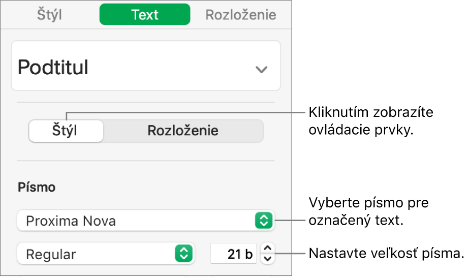 Ovládacie prvky textu v časti Štýl postranného panela Formát na nastavenie písma a veľkosti písma.