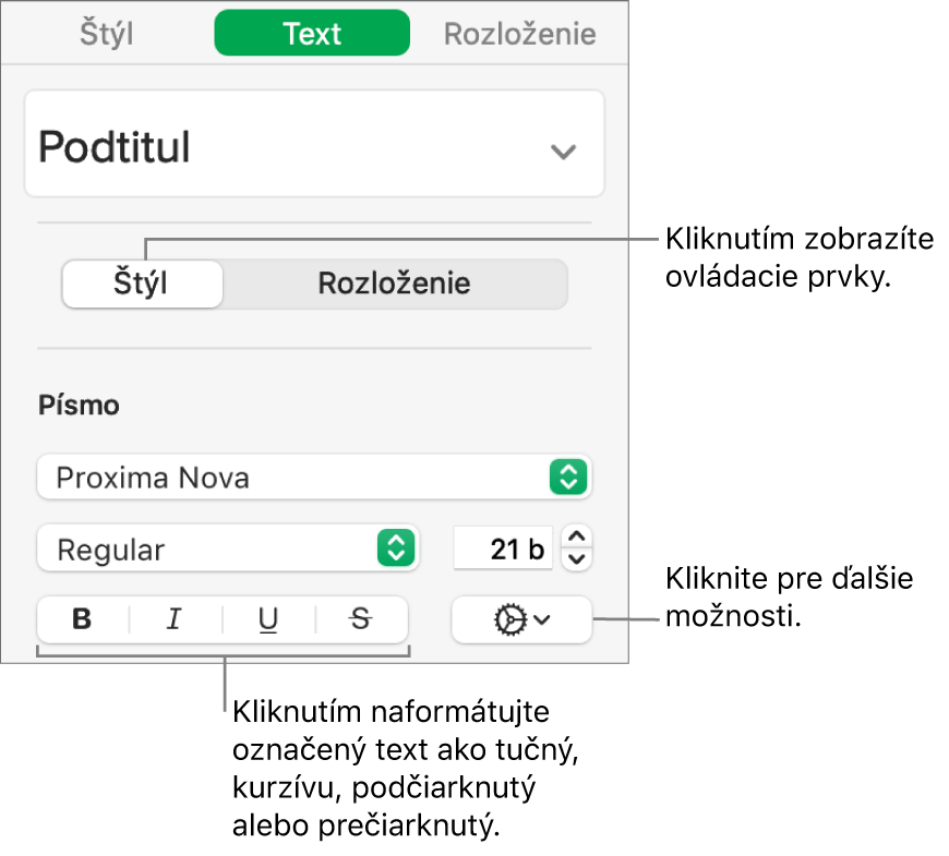 Ovládacie prvky Štýl na postrannom paneli s bublinami pre tlačidlá Tučné, Kurzíva, Podčiarknuť a Preškrtnúť.