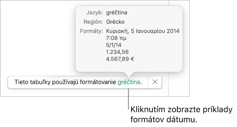 Hlásenie o inom jazyku a nastavení regiónu zobrazujúce príklady formátovania v danom jazyku a regióne.