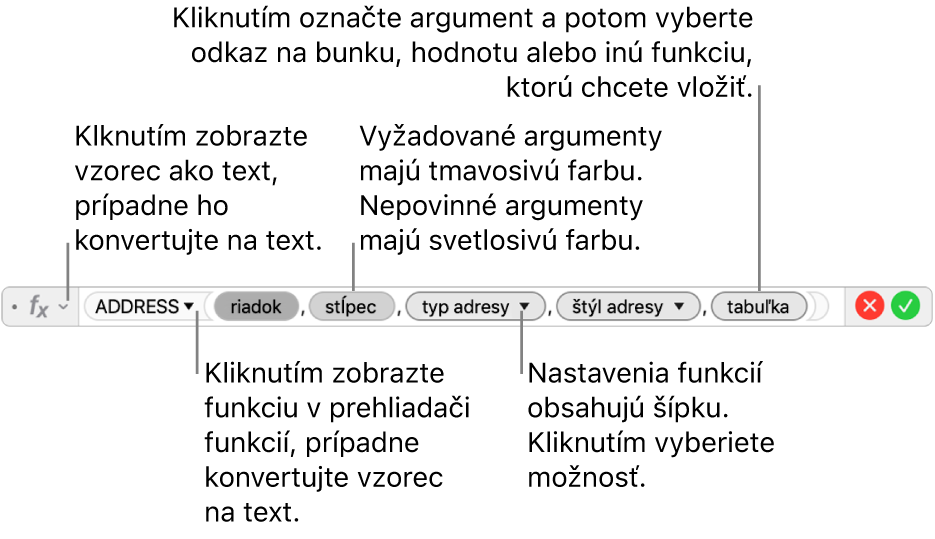 Editor vzorcov so zobrazenou funkciou ADDRESS a tokenmi jej argumentov.