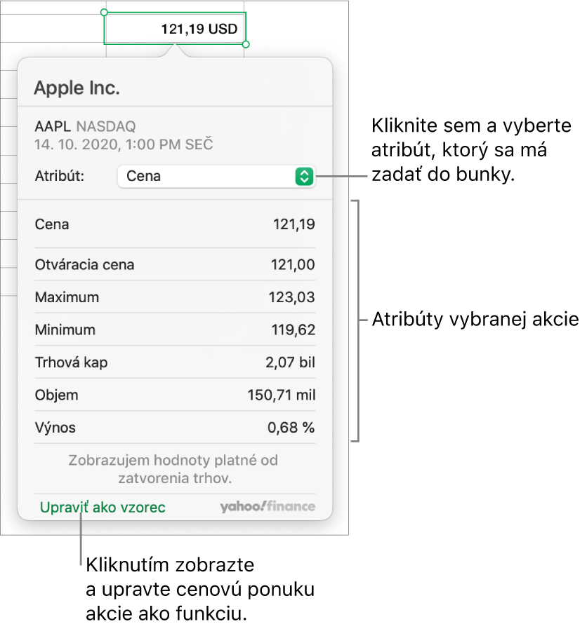 Dialógové okno na zadanie informácií o vlastnostiach akcie s vybranou akciou spoločnosti Apple