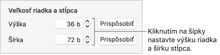 Ovládacie prvky na nastavenie presnej veľkosti riadka alebo stĺpca.